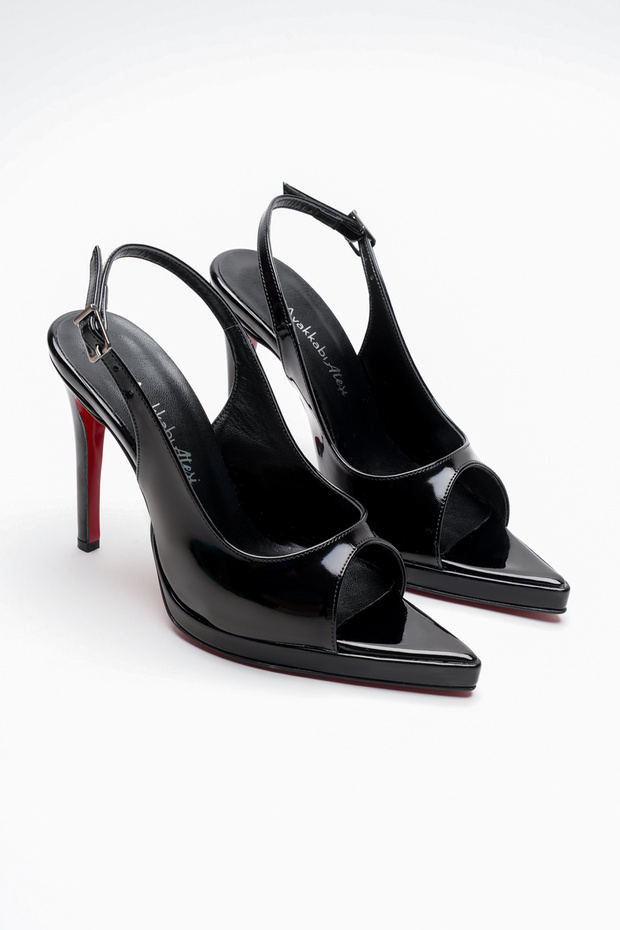 Women's Open Back Pointed Toe Thin Heeled Platform Shoes Hari Black Patent Leather