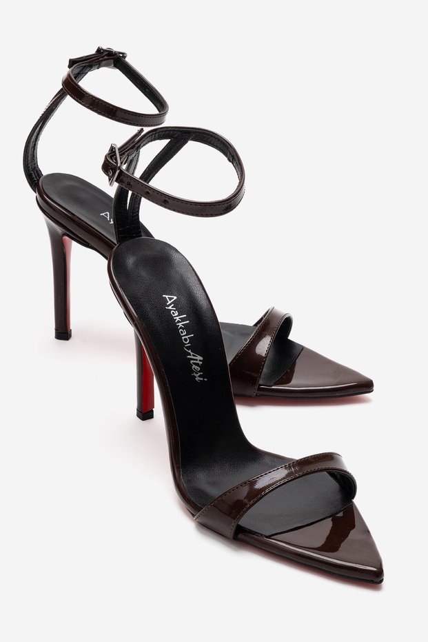 Women's Brown Patent Leather Single Strap Pointed Toe Heeled Sandals - Evening Dress Shoes Sanny