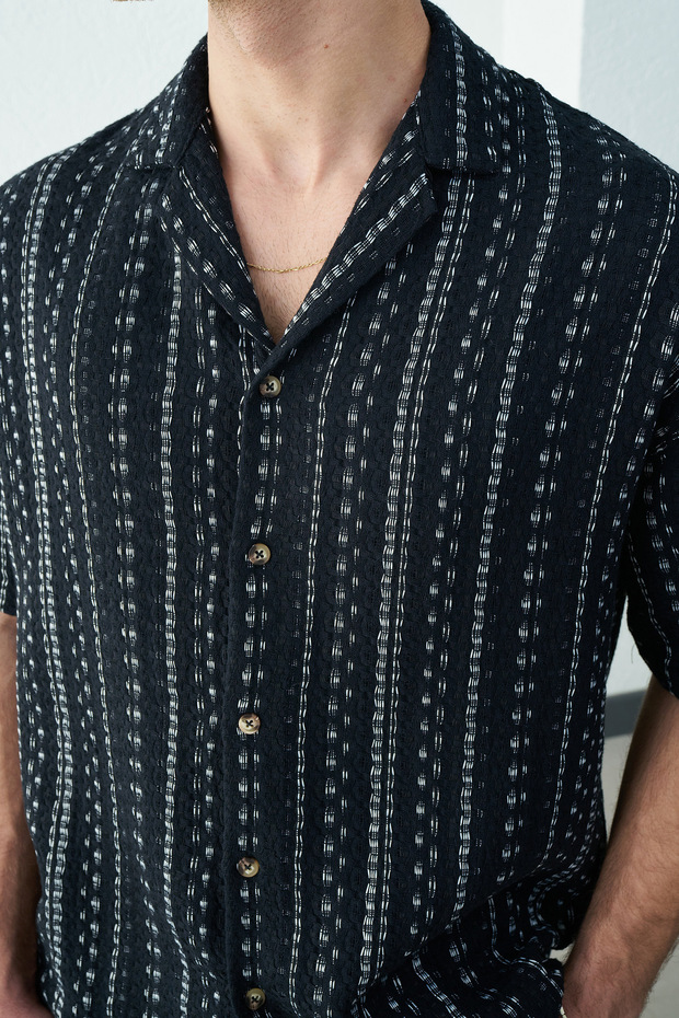 Desenli Siyah Keten Örme Erkek Gömlek - 6