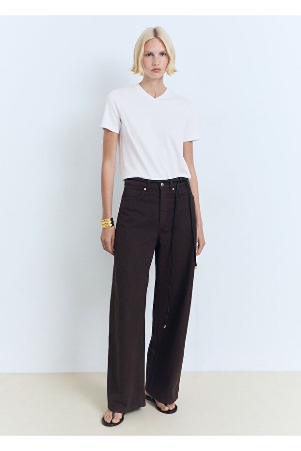 V yakalı pamuklu tişört - 2