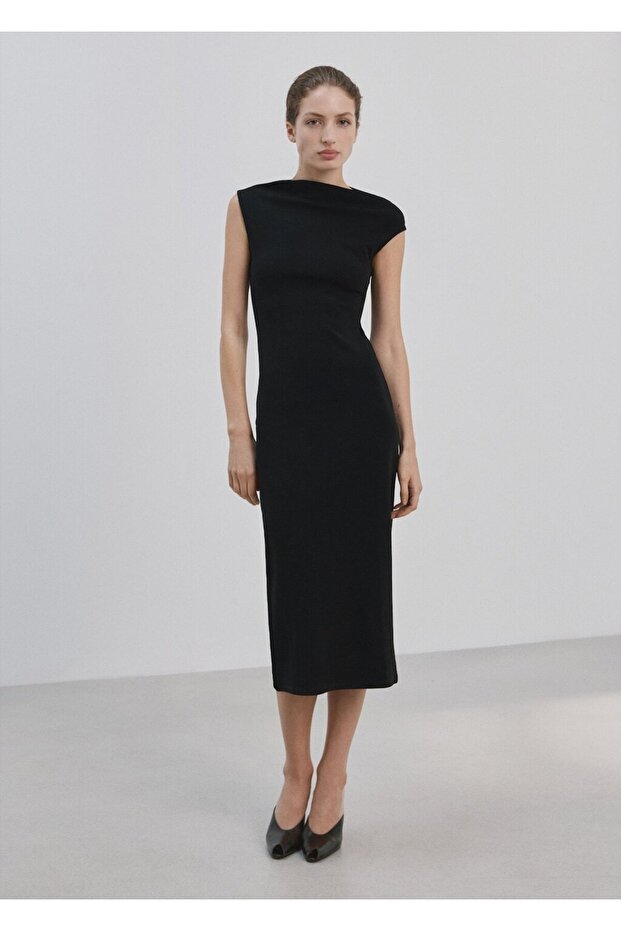 Asimetrik yaka midi elbise - 2