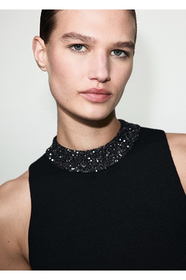 Payetli yaka triko elbise - 6