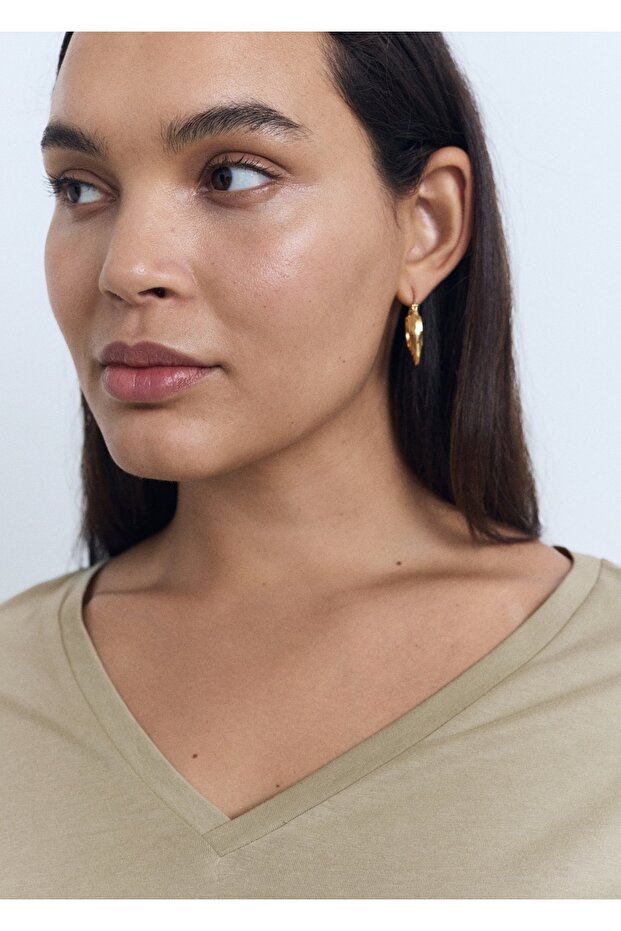 V yakalı pamuklu tişört - 7