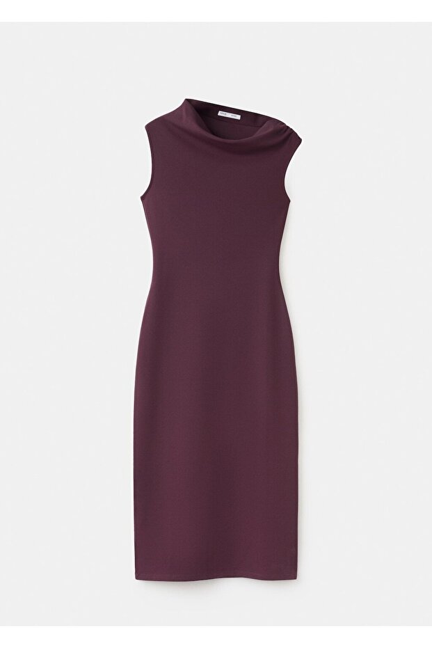 Asimetrik yaka midi elbise - 3