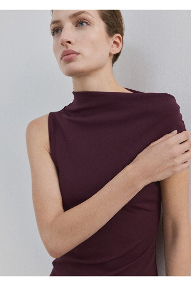 Asimetrik yaka midi elbise - 6