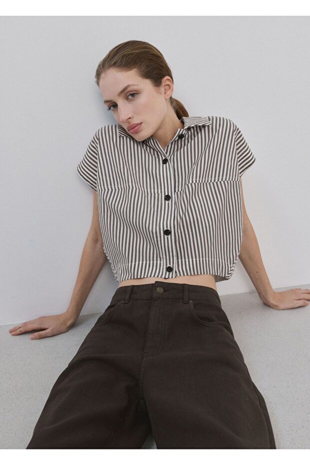 Çizgili crop gömlek - 1