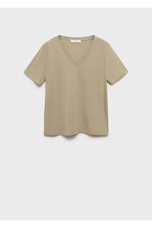 V yakalı pamuklu tişört - 3