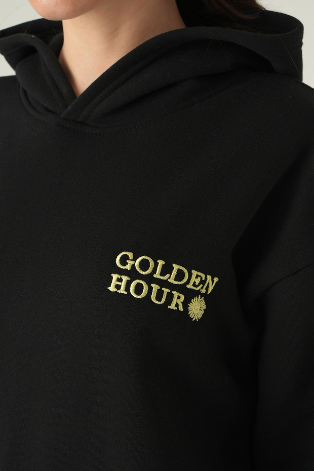 cu glugă Sweat negru cu text brodat 0308 - 4