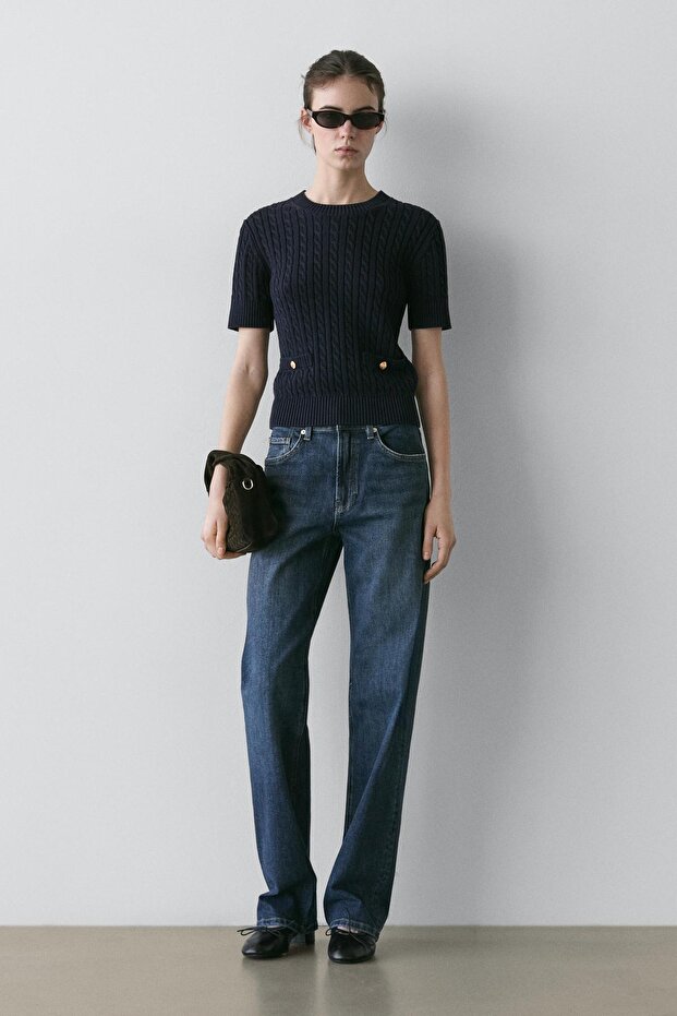 Short-sleeved cable knit jumper - 1