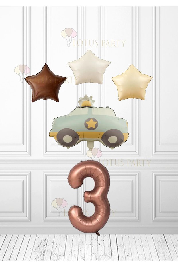 Brown Star Cream Star Balloon Cream Blue Color Police Car Balloon - Brown Number Balloon 3 Years Old