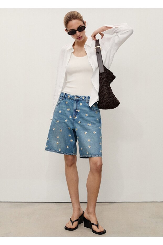 Çiçek işlemeli denim bermuda şort - 2