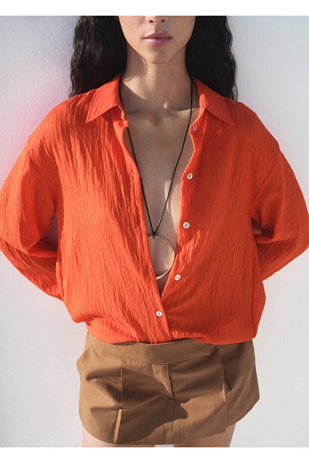 Kırışık görünümlü oversize gömlek - 6