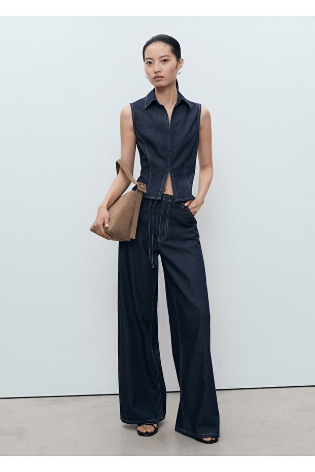 Kontrast dikişli denim bluz - 2