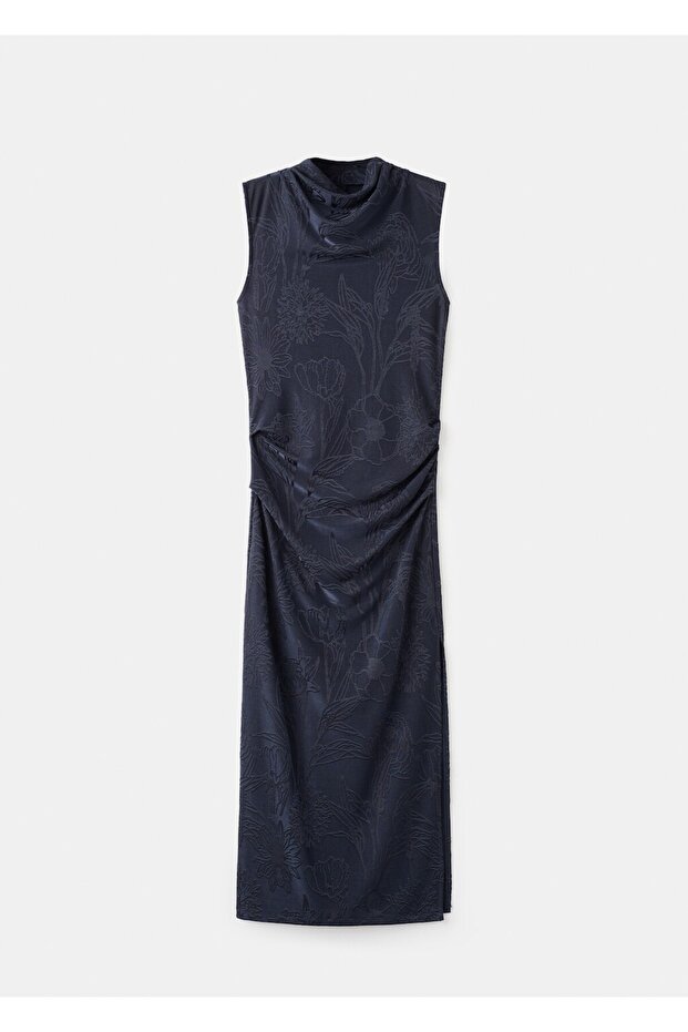 Drape yaka işlemeli elbise - 3