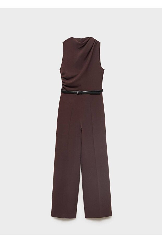 Drape yaka ve kemerli uzun tulum - 3