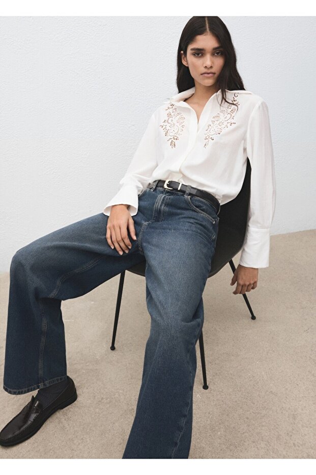 İşlemeli ajur örgü gömlek - 7