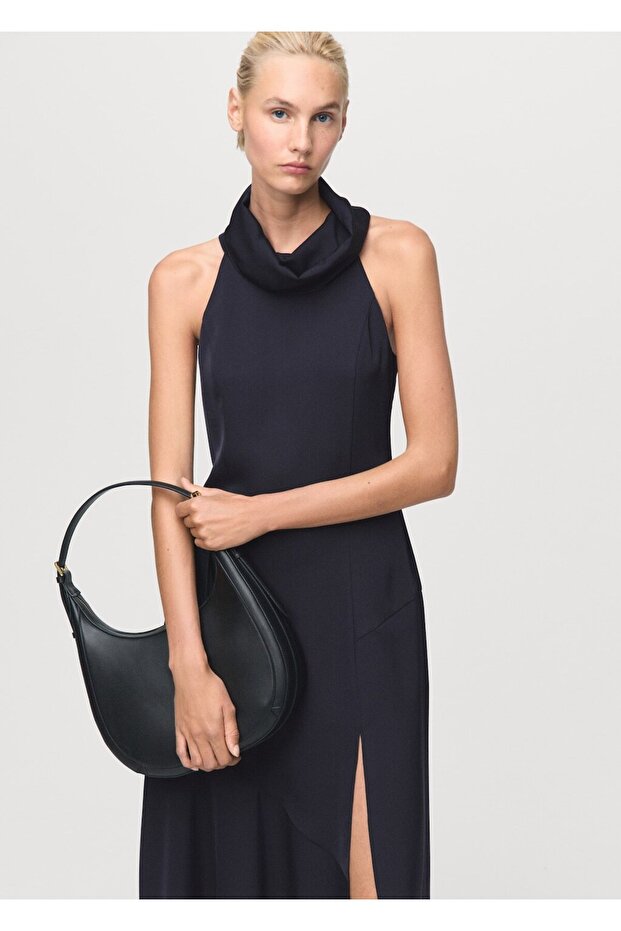 Drape yaka yırtmaçlı elbise - 1