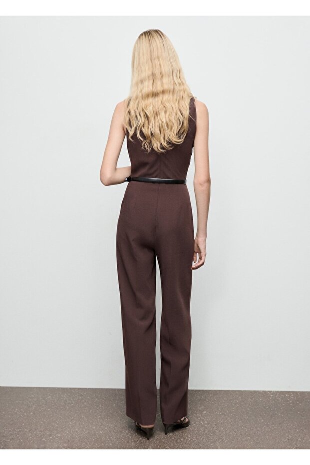 Drape yaka ve kemerli uzun tulum - 4