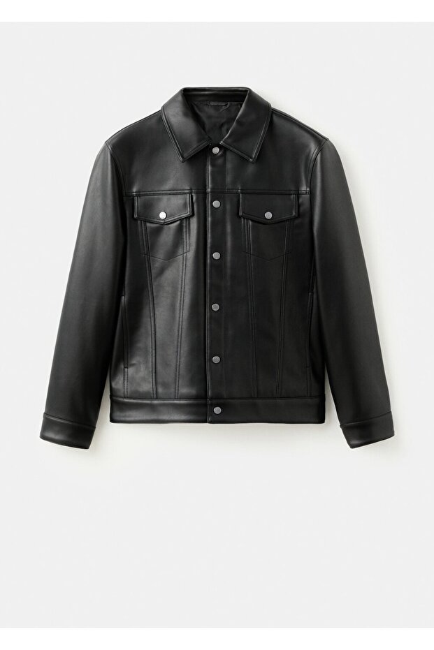 Deri görünümlü cepli ceket - 3