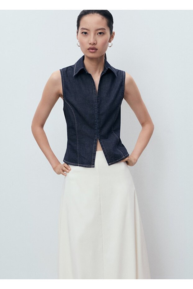 Kontrast dikişli denim bluz - 7