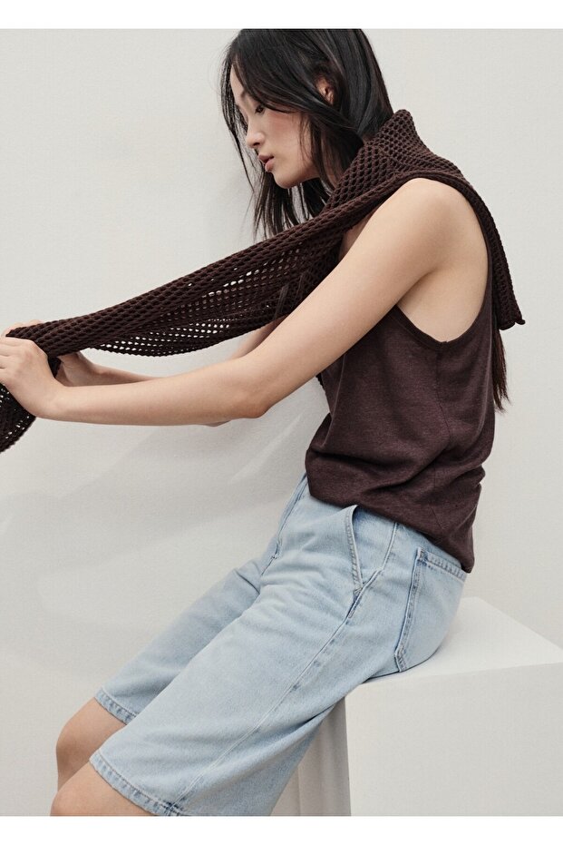 Düz denim Bermuda şort - 7