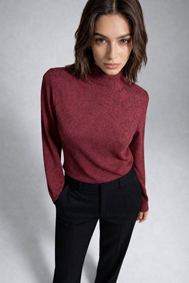 Falena Jacquard Long Sleeve High Collar Blouse, Burgundy
