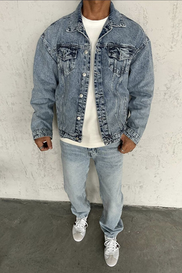 جاكيت جينز رجالي أزرق عادي بجيوب وأزرار - 2