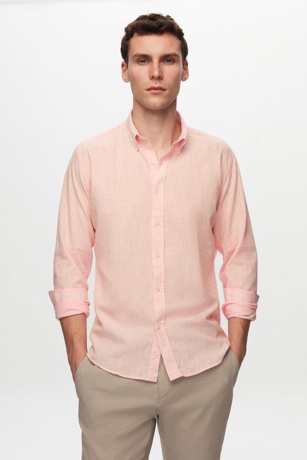 Slim Fit Pink Button Collar 100% Cotton Summer Flared Linen Look Shirt