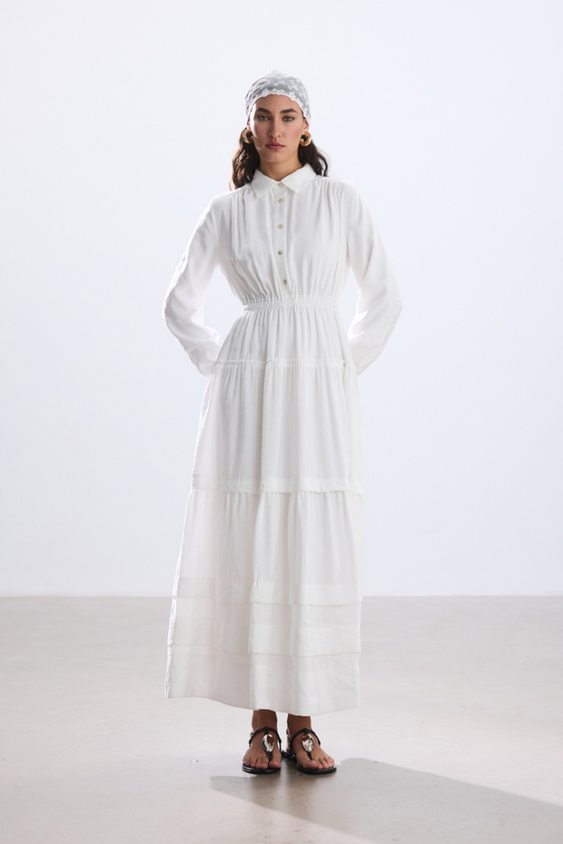 EKRU NERVÜRLÜ MODAL ELBİSE - 5