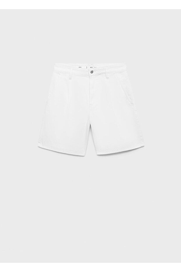 Orta bel pileli denim bermuda şort - 3