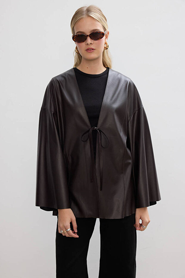 ACI KAHVE DERİ KİMONO - 3