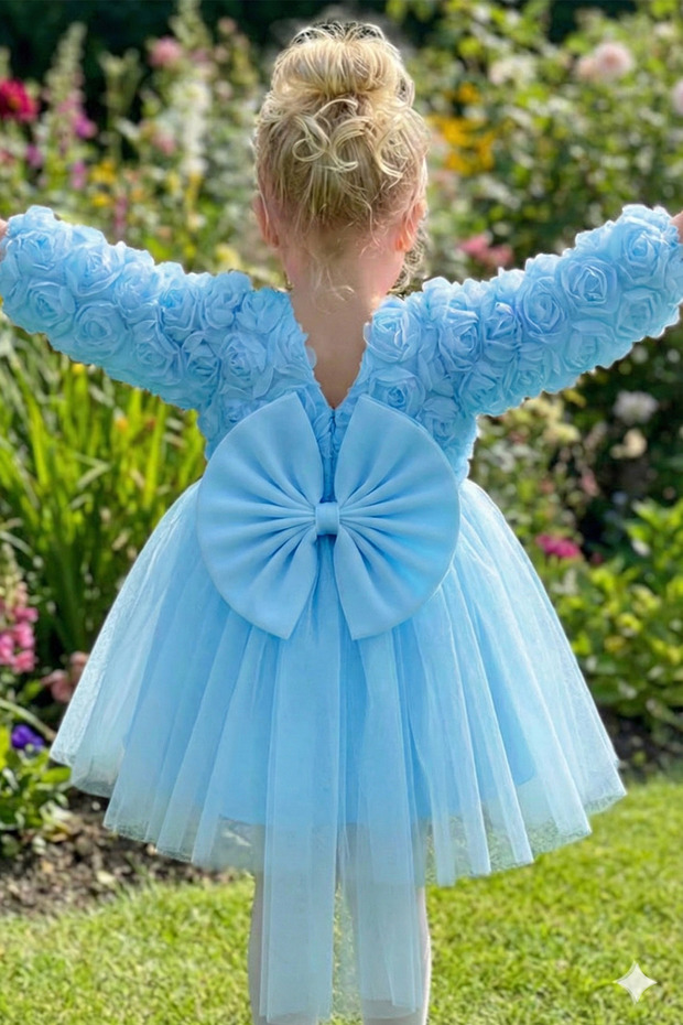 Baby Girl Long Sleeve Bow Rose Birthday Party Wedding Special Occasion Formal Dress for Girls