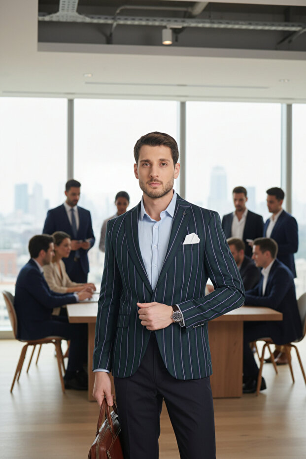 Adora Men's Navy Blue Green Italian Striped Slim Fit Mono Collar Stretching Fabric Blazer Jacket