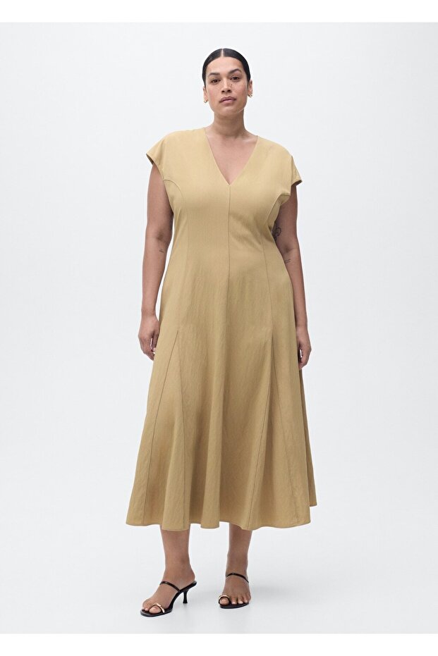 V yaka dikiş detaylı elbise - 8