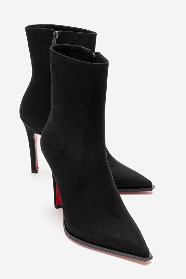 Women's Black Suede Design Sole Ankle-Length Thin Heeled Boots Yanni