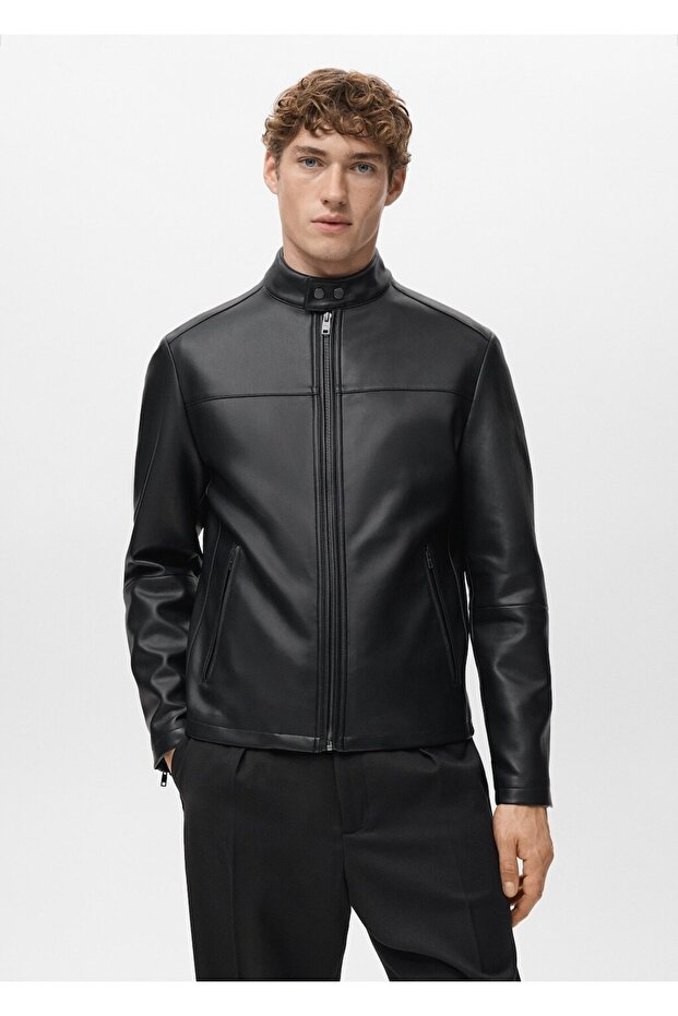 Fermuarlı deri görünümlü mont - 1