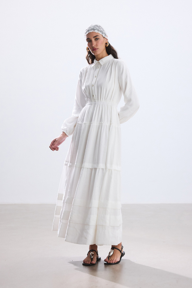 EKRU NERVÜRLÜ MODAL ELBİSE - 3