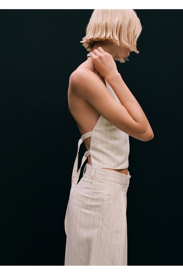 Çizgili keten karışımı bermuda şort - 7