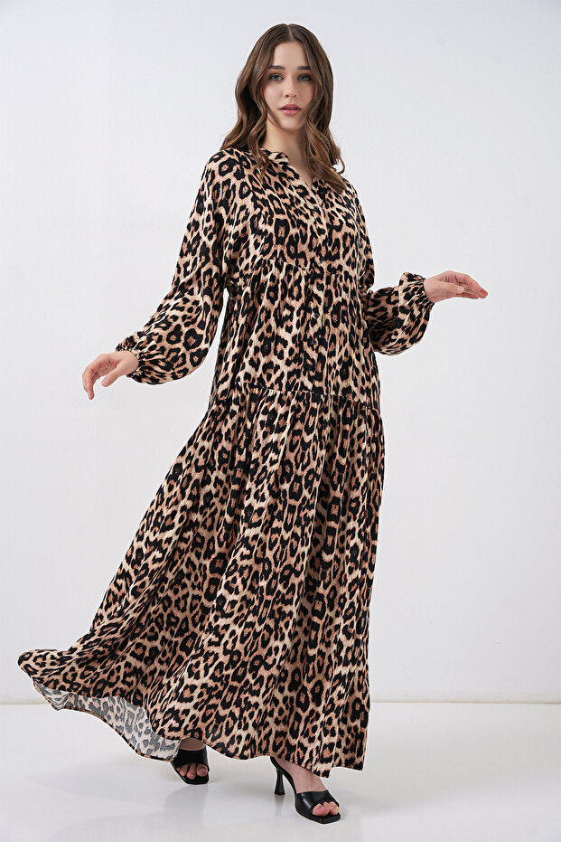 2423 Model Authentic Patterned Brown Dress - 2