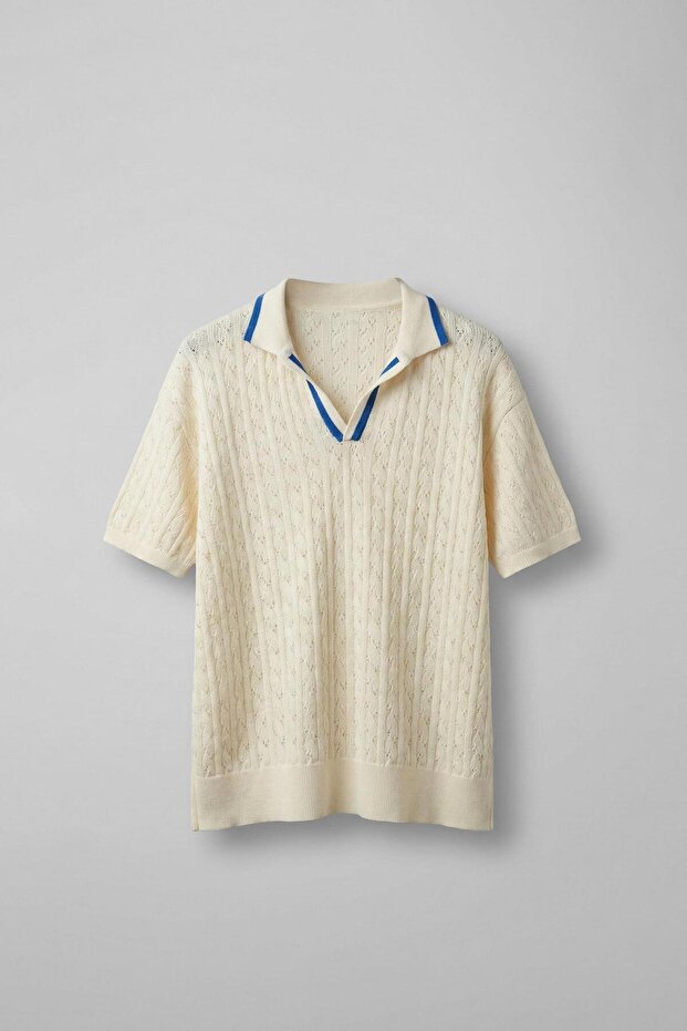 Men's Half Pat V-Neck Patterned Knitwear T-Shirt Cream Blue