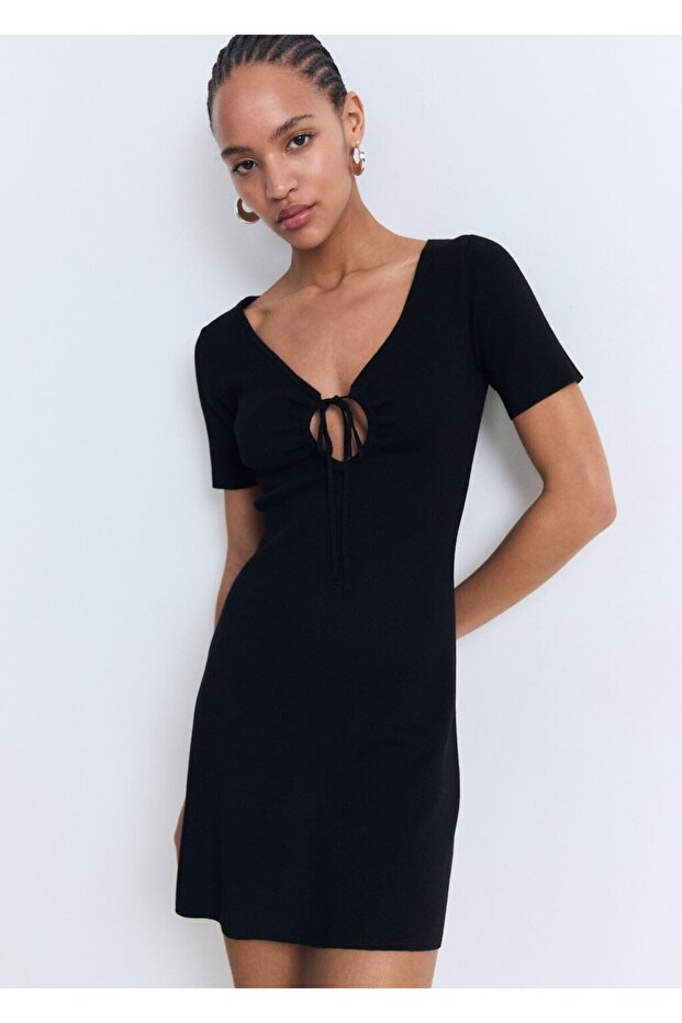 Bağ detaylı yakalı triko elbise - 1