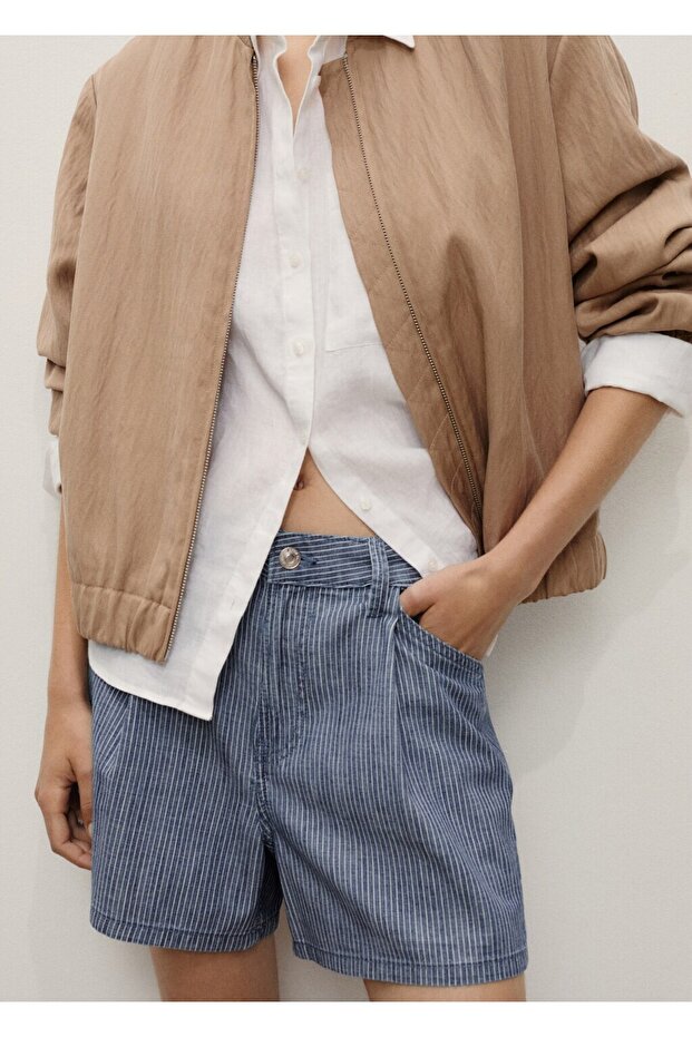 Çizgili pileli denim şort - 7