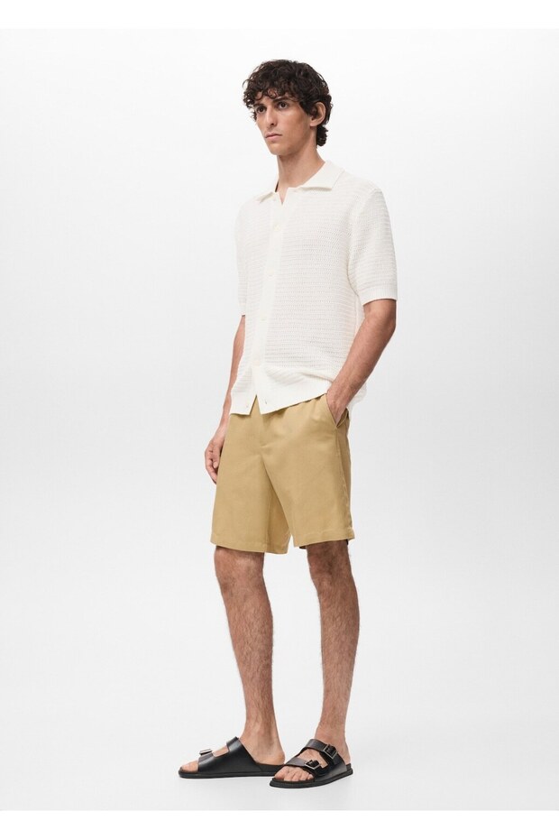 Keten karışımlı elastik belli bermuda şort - 7