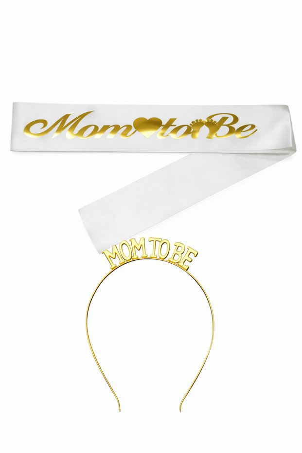 Mom To Be Metal Crown and Sash & Baby Shower Set & White Gold Sash Gold Crown