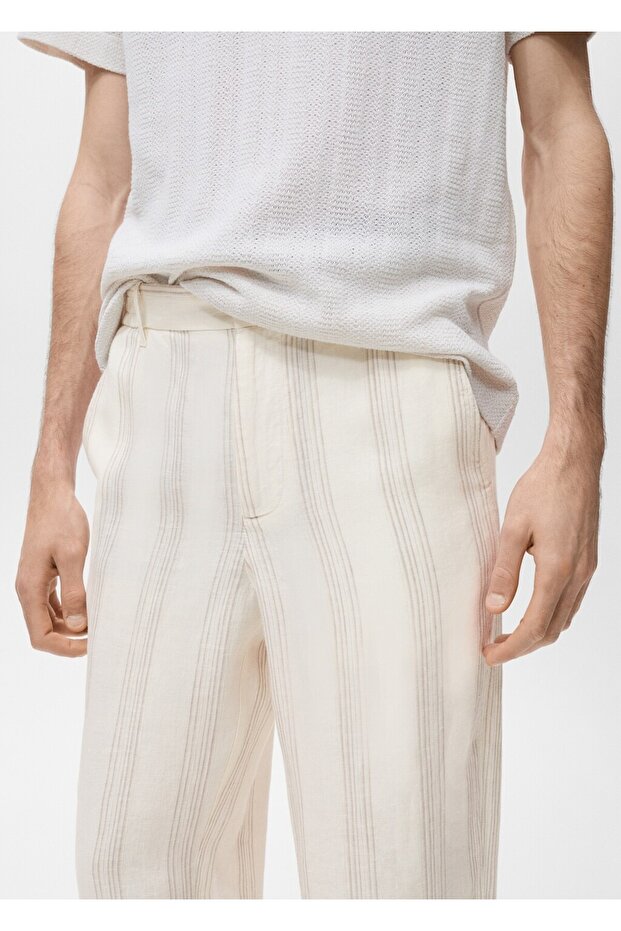 Elastik bel bantlı %100 keten pantolon - 6