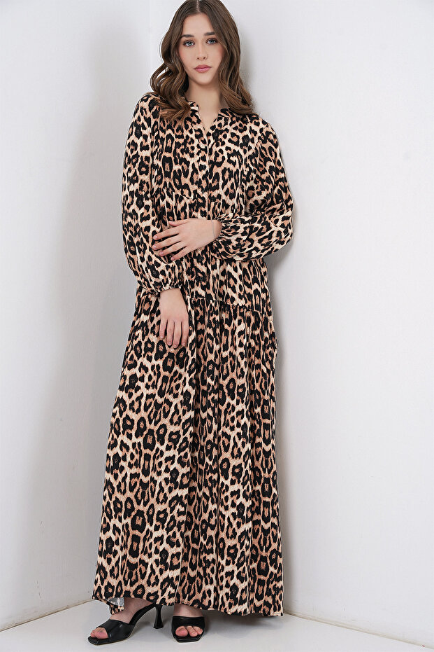 2423 Model Authentic Patterned Brown Dress - 3