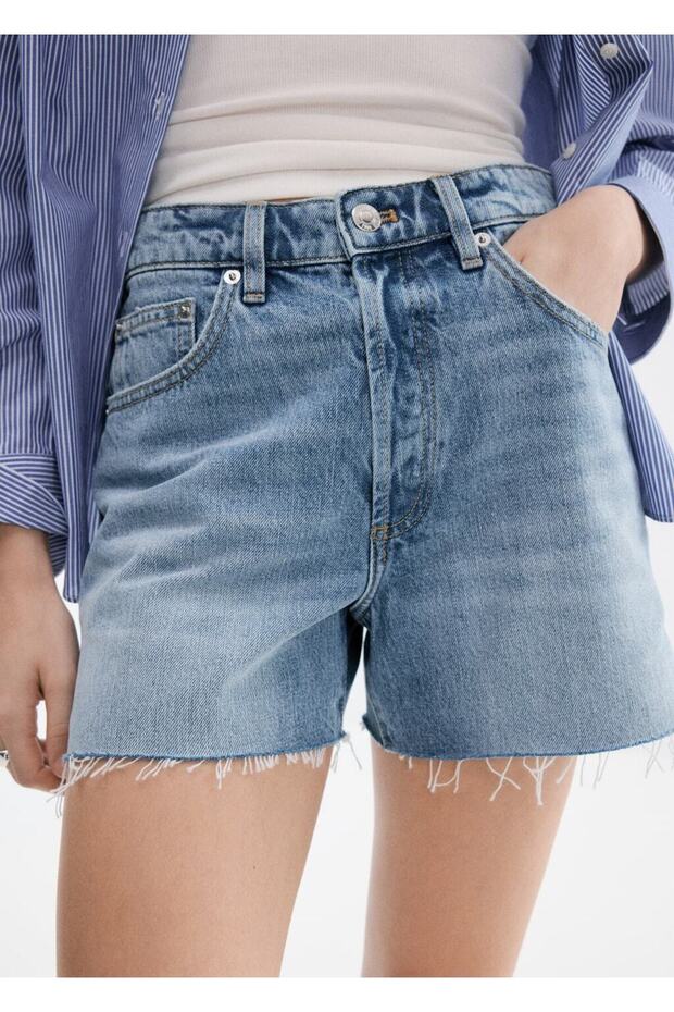 Püsküllü paça denim şort - 1