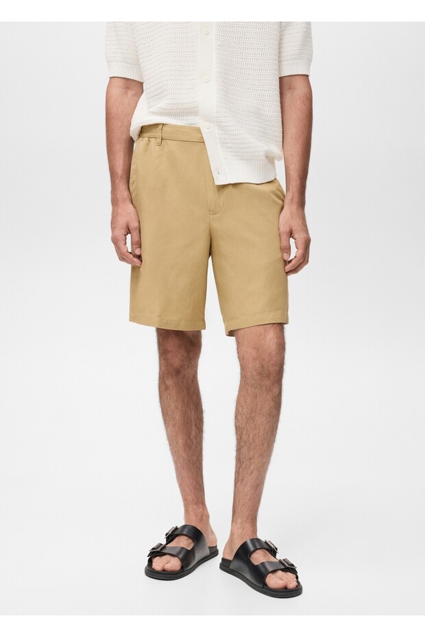 Keten karışımlı elastik belli bermuda şort - 1