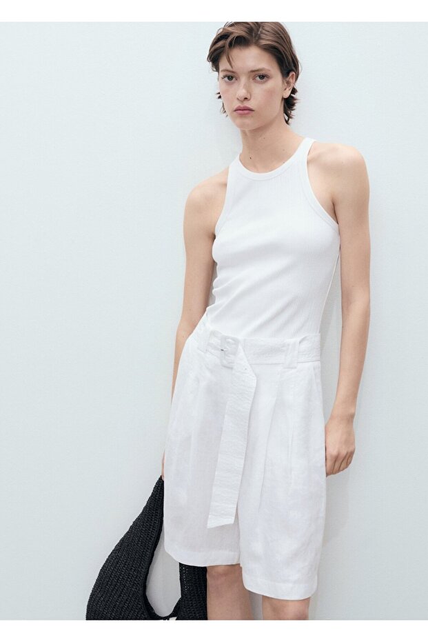 Keten karışımlı kemerli bermuda şort - 6