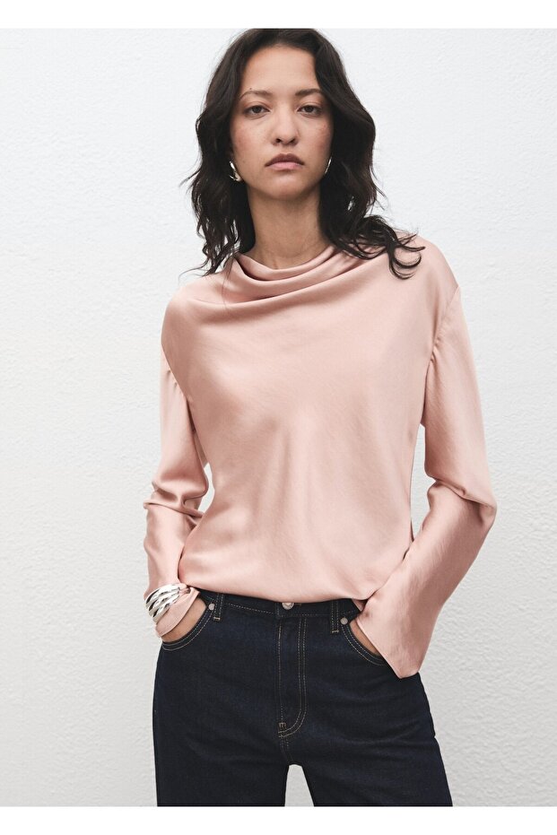 Drape yakalı saten bluz - 1